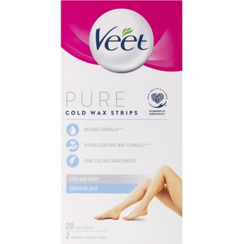 Veet Pure Восъчни ленти за тяло и крака за чувствителна кожа, 20 броя