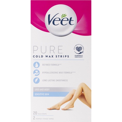 Veet Pure Восъчни ленти за тяло и крака за чувствителна кожа, 20 броя