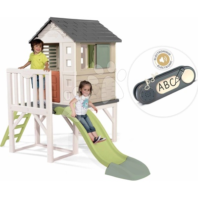 Smoby Set domček na pilieroch s 1,5 m šmykľavkou s vodotryskom House On Stilts Life rozšíriteľný a zvonček elektronický ako darček
