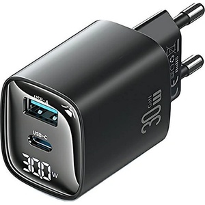 USAMS CC229 Променливотоково зарядно устройство USB+Type-C гнездо 30W, LED дисплей, ЧЕРНО CC229TC01 (CC229TC01)