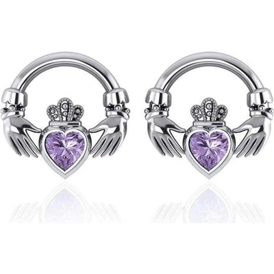 Fantasy Šperky Irské stříbrné náušnice Claddagh, ametyst MJW80