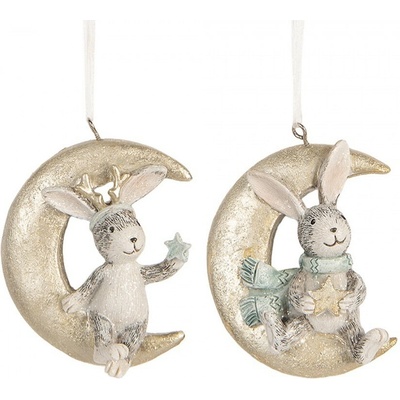 Clayre & Eef 2ks závěsná vánoční dekorace králíček na měsíčku - 7*3*8 cm