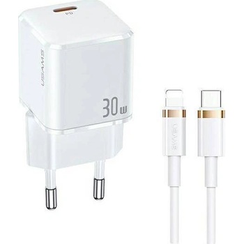 USAMS Мрежово зарядно Usams T45, Fast Charging, 1xUSB-C, PD3.0, 30W, USB-C към Lightning кабел, White ( )