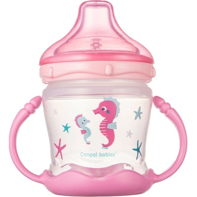 Canpol babies netečúci tréningový pohár so silikónovým pítkom Love & Sea 180 ml ružový