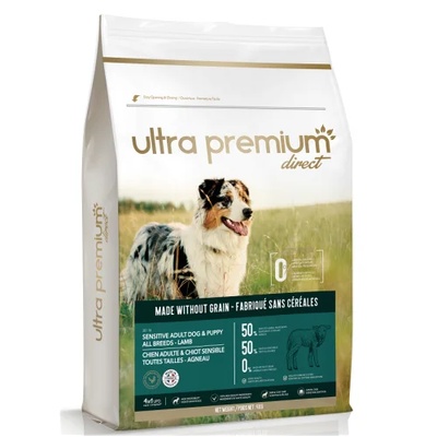 Ultra Premium Direct Sensitive adult dog puppy all breeds Lamb - суха храна за кученца и пораснали чувствителни кучета от всички породи, без зърно, 50% месо и месни съставки, агне, 4 кг, Франция GF0405