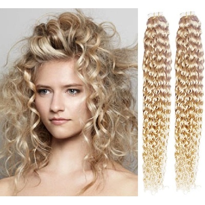 Vlasy pro metodu Pu Extension / TapeX / Tape Hair / Tape IN 60cm kučeravé - platina