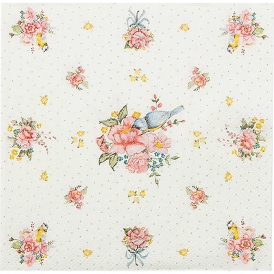 Clayre & Eef Papierové obrúsky s kvietkami a vtáčikom Cheerful Birdie 33x33 cm 20ks