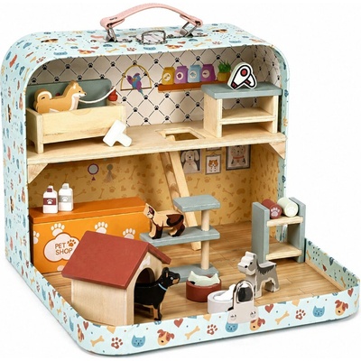 ECOTOYS EF4172 Dvoupatrový zvířecí obchod v kufříku, dřevěná sada, 23 doplňků