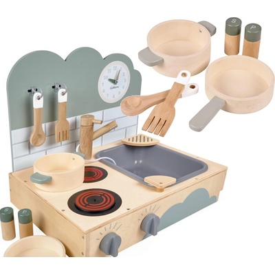 Eichhorn Dřevěná kuchyňka Small Table Kitchen přenosná se zvukem a 6 doplňky