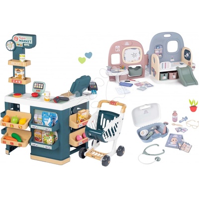 Smoby Set obchod elektronický s váhou a skenerom Super Market a domček pre bábiku s 5 miestnosťami a opatrovateľský kufrík