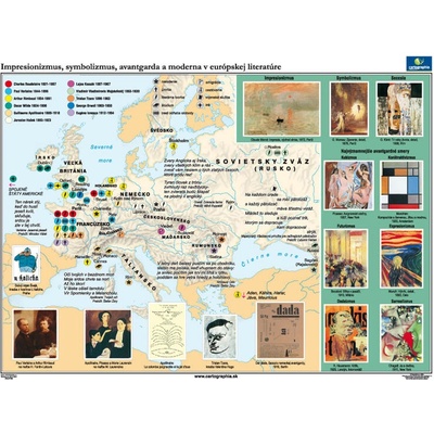 Cartographia Impresionizmus, symbolizmus,avantgarda a moderna v eu.lit. - mapa (160x120 cm), nástenná, fóliovaná, lištovaná