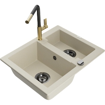 Mexen Carlos гранитна мивка 1, 5-коморна с кухненски смесител Flora, бежов - 6518-69-670401-57-B (6518-69-670401-57-B)