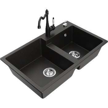 Mexen Tomas кухненска мивка от гранит с 2 отделения с кухненски смесител Carla, черен/златист металик - 6516-75-670700-70 (6516-75-670700-70)