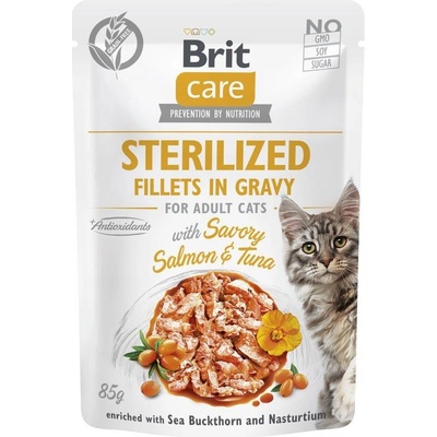 BRIT CARE Cat Sterilized Fillets in Gravy with Savory Salmon & Tuna Enriched with Sea Buckthorn and Nasturtium 85 g