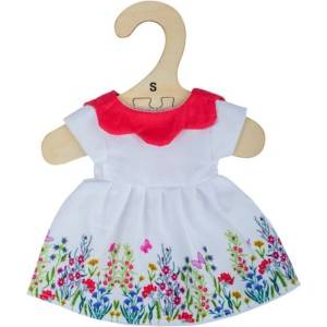 Bigjigs Toys - Дрехи за кукла 25 см - Бяла рокля с цветя и червена яка