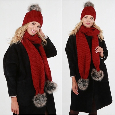 Fashionweek set čepice s fleecovou podšívkou + šála s bambulkami ZIZI42/A8 vínově