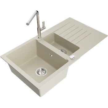 Mexen Matias гранитна мивка 1, 5 камера с отцедник и кухненски смесител Flora, бежов - 6502-69-670401-00 (6502-69-670401-00)