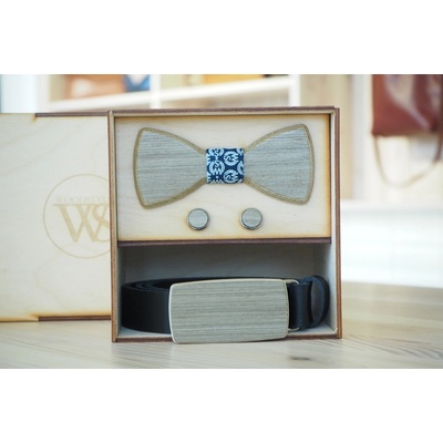 Wood Style Set Kulatý Šedé hedvábí opasek motýlek a manžetové knoflíčky WS Modrotisk
