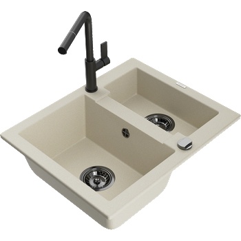 Mexen Carlos гранитна мивка 1, 5-коморова с кухненски смесител Flora, бежов - 6518-69-670401-70-B (6518-69-670401-70-B)
