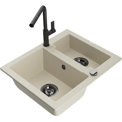 Mexen Carlos гранитна мивка 1, 5-коморова с кухненски смесител Flora, бежов - 6518-69-670401-70-B (6518-69-670401-70-B)