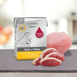 PLATINUM Мокра храна за кучета Platinum Menu Adult Duck + Turkey с 42% Прясно патешко месо, 41% Прясно пуешко месо и зеленчуци, 185 gr