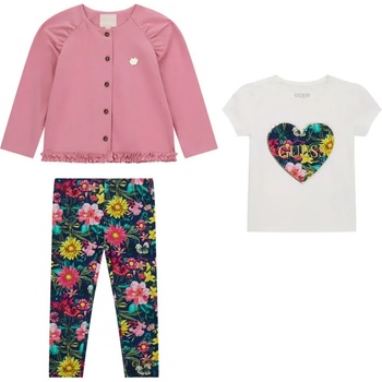 Guess Комплект розов суичър, бяла тениска с цветно сърце и клин с цветя за мини момиче Guess