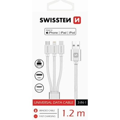 Swissten kabel Textile 3in1 mFi 1,2 m, stříbrná
