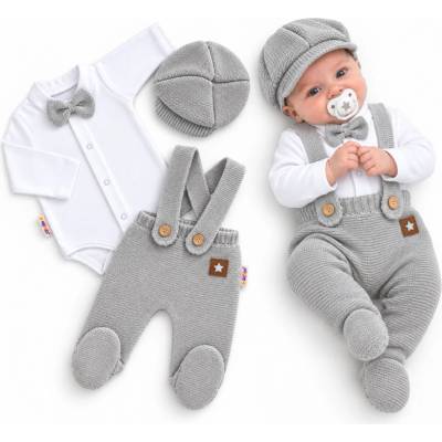 Baby Nellys Pletená súprava Gentleman 3D body polodupačky s laclom čiapočka sivá