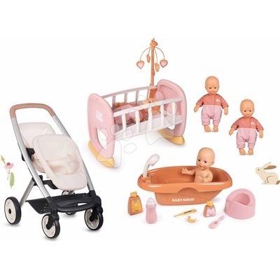 Smoby Set s dvojičkami bábikami doma Twin Pushchair Sandy Maxi Cosi&Quinny s kolískou a vaničkou
