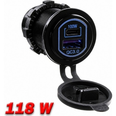 USB QC3.0 + USB-C 100W/20V zásuvka 12/24V