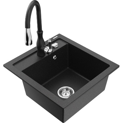 Mexen Vito гранитна кухненска мивка с 1 отделение и кухненски смесител Savita, черен/сребърен металик - 6503-73-672601-70 (6503-73-672601-70)