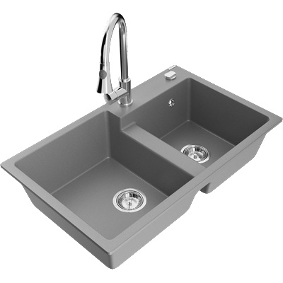 Mexen Tomas гранитна мивка с 2 отделения и кухненски смесител Elia, сив - 6516-71-670101-00 (6516-71-670101-00)