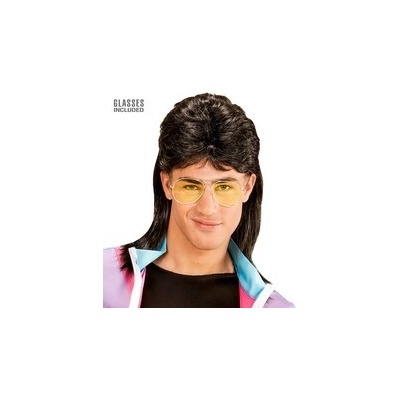 Černá mullet paruka s brýlemi