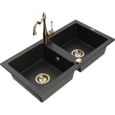 Mexen Mario двоен гранитен умивалник с кухненски смесител Carla, черно/златен металик - 6504-75-670700-50 (6504-75-670700-50)