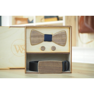 Wood Style Set Kulatý Ořech americký opasek motýlek a manžetové knoflíčky Modrotisk