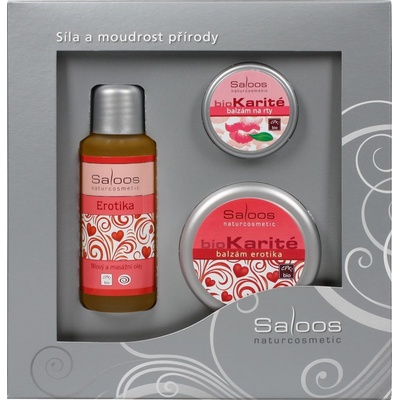 Saloos Erotika masážny olej 50 ml + Bio karité 50 ml + Bio karité na pery 19 ml darčeková sada
