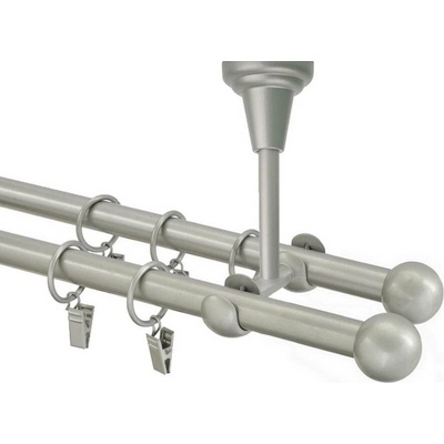 OK-GarnýžeCZ Garnýž kovová dvouřadá 16mm Koule stříbrná mat 280 cm do stropu / kroužky s žabkou
