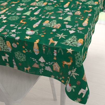 Biante Vánoční bavlna obdélníkový ubrus Sandra SA-508 Vánoční skřítci a ozdoby na zeleném 120x140 cm