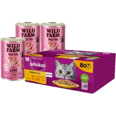 Whiskas Adult Hydinové kúsky s kuracím kačacím hydinovým morčacím mäsom v želé 80 x 85 g a Wild Farm Paštéta s jahňacím mäsom 3 x 400 g