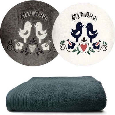 Zelenáčky ručník s výšivkou ptáčci a noty bavlna 50 x 100 cm antracit