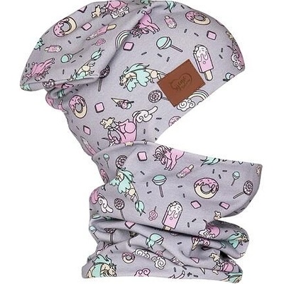 dětský set čepice a nákrčníku Šijeme srdcem Jednorožci bílý