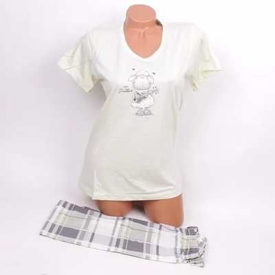 Памучна пижама в светлозелено и сиво каре с апликация