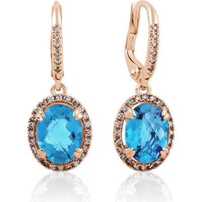 DF Dámske visiace náušnice 3367 z ružového zlata, topazy Swiss Blue a diamanty
