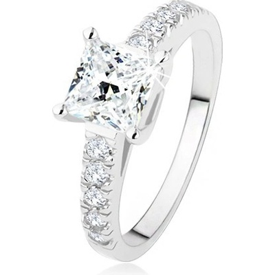 Šperky eshop zásnubní prsten ze stříbra 925 čirý zirkonový čtverec ramena s kamínky SP47.18