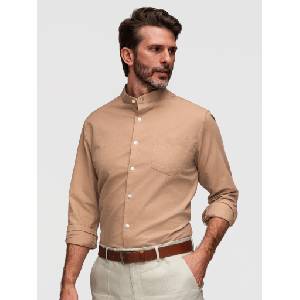 Ombre Clothing Мъжка платнена риза със стойче и джоб REGULAR FIT - светло кафяв V7 K704 Ombre Clothing Ombre Clothing | Kafyav | МЪЖЕ | S