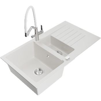 Mexen Matias гранитна мивка с 1, 5 камери с отцедник и кухненски смесител Duo, бял - 6502-20-671701-02 (6502-20-671701-02)