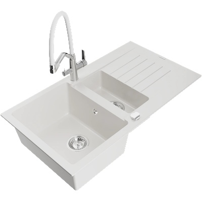 Mexen Matias гранитна мивка с 1, 5 камери с отцедник и кухненски смесител Duo, бял - 6502-20-671701-02 (6502-20-671701-02)