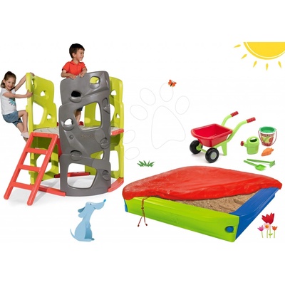 Smoby Set preliezačka Multi-Activity Tower na šplhanie so šmykľavkou+pieskovisko s krycou plachtou a fúrikom SM840201-13