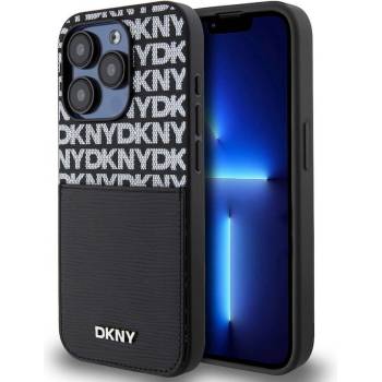 DKNY Repeat Pattern Card Pocket Leather Hard Case - дизайнерски кожен кейс с джоб за кредитна карта за iPhone 15 Pro (черен)