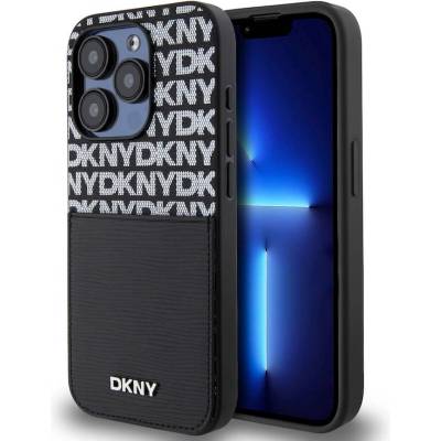 DKNY Repeat Pattern Card Pocket Leather Hard Case - дизайнерски кожен кейс с джоб за кредитна карта за iPhone 15 Pro (черен)